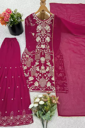 New Designer Top Palazzo Set Embroidery Work Suit Set with Dupatta