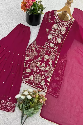 New Designer Top Palazzo Set Embroidery Work Suit Set with Dupatta