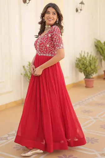 Red Faux Blooming Sequin & Embroidered Gown     Festive & Occasion Wear