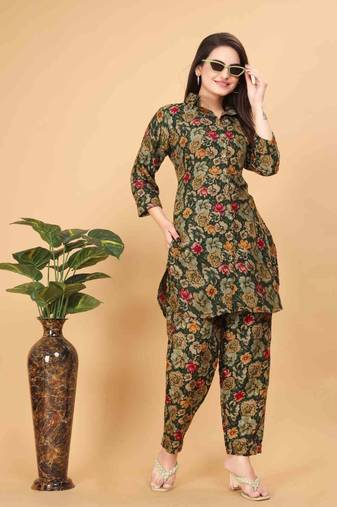 Dark green floral print cotton rayon shirt-style co-ord set
