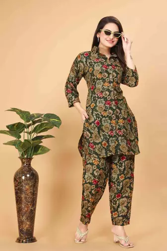 Dark green floral print cotton rayon shirt-style co-ord set