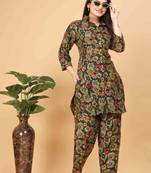 Dark green floral print cotton rayon shirt-style co-ord set