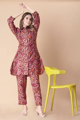 Maroon floral print cotton rayon shirt-style co-ord set 1