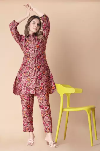 Maroon floral print cotton rayon shirt-style co-ord set