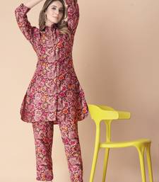 Maroon floral print cotton rayon shirt-style co-ord set