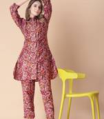 Maroon floral print cotton rayon shirt-style co-ord set