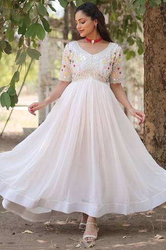 White Faux Blooming Zari Thread & Sequins Embroidered Gown    