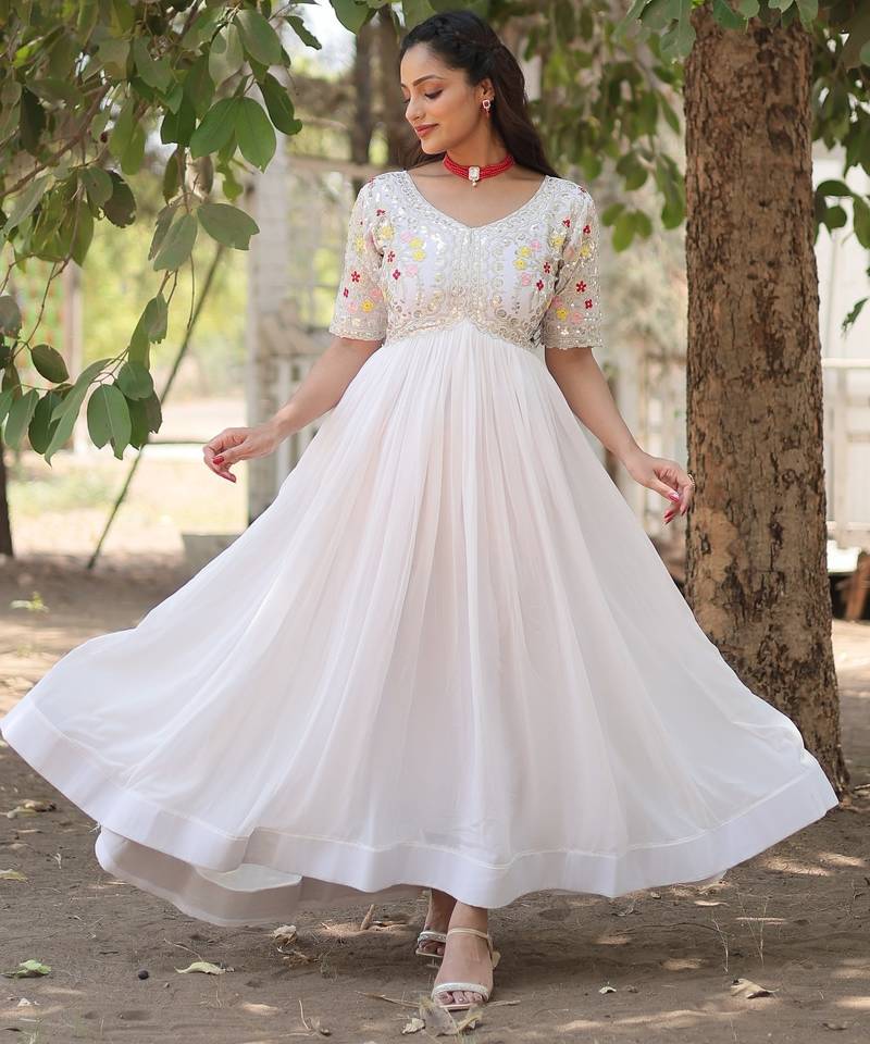 White Faux Blooming Zari Thread & Sequins Embroidered Gown    