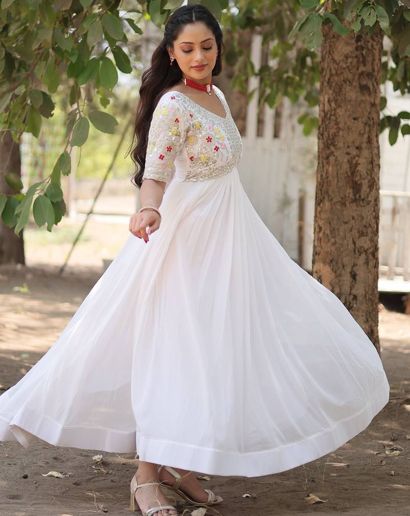 White Faux Blooming Zari Thread & Sequins Embroidered Gown    