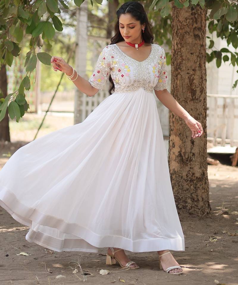 White Faux Blooming Zari Thread & Sequins Embroidered Gown    