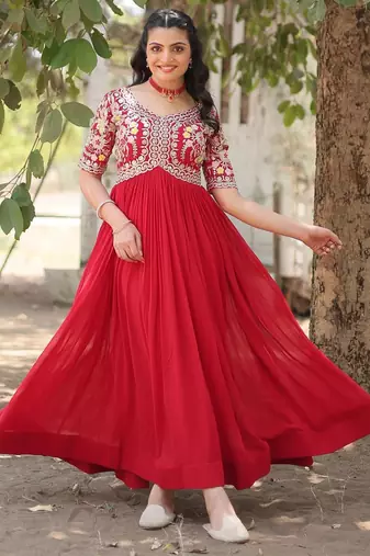 Red Faux Blooming Zari Thread & Sequins Embroidered Gown     Festive & Wedding Special