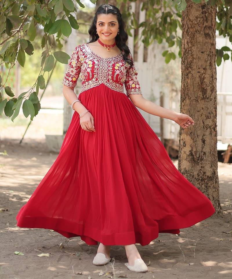 Red Faux Blooming Zari Thread & Sequins Embroidered Gown     Festive & Wedding Special