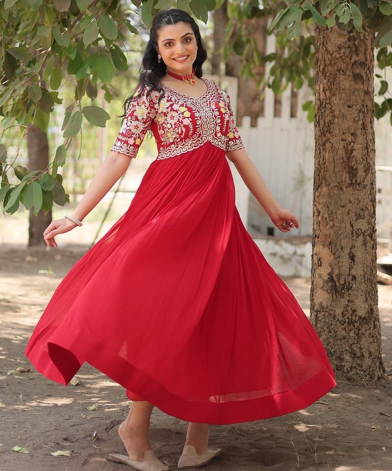 Red Faux Blooming Zari Thread & Sequins Embroidered Gown     Festive & Wedding Special