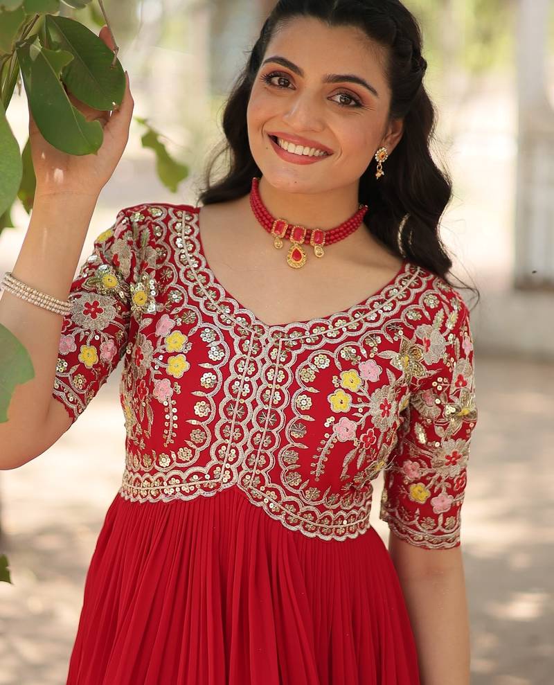 Red Faux Blooming Zari Thread & Sequins Embroidered Gown     Festive & Wedding Special