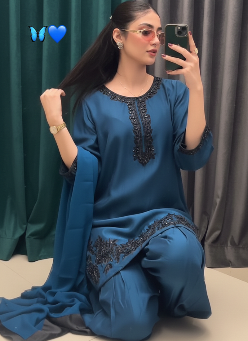 Silk Fabric Kurti Set With Dupatta Beautiful Top Bottom Set