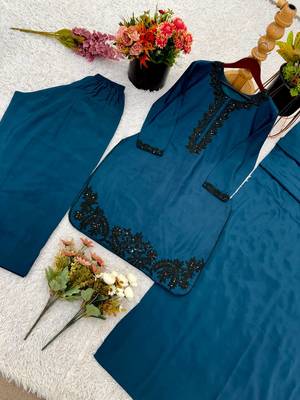 Silk Fabric Kurti Set With Dupatta Beautiful Top Bottom Set 3