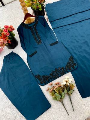 Silk Fabric Kurti Set With Dupatta Beautiful Top Bottom Set 4