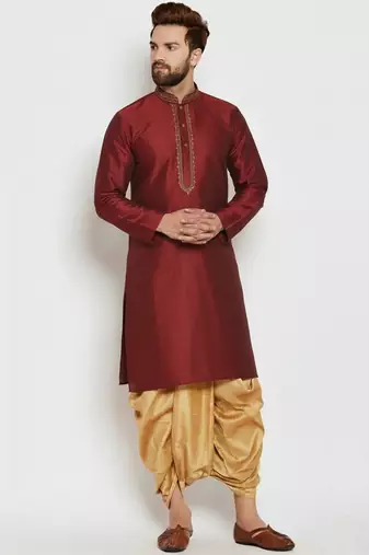 Maroon embroidered dupion art silk kurta set