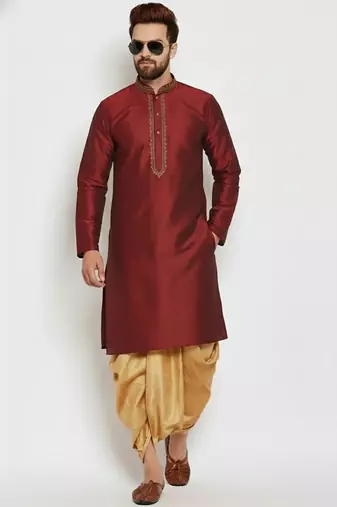 Maroon embroidered dupion art silk kurta set
