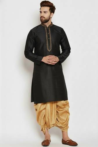 Black embroidered dupion art silk kurta set