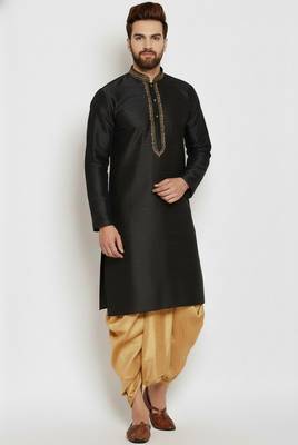 Black embroidered dupion art silk kurta set 2