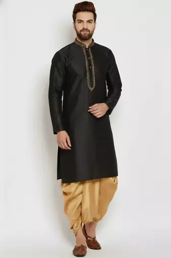 Black embroidered dupion art silk kurta set