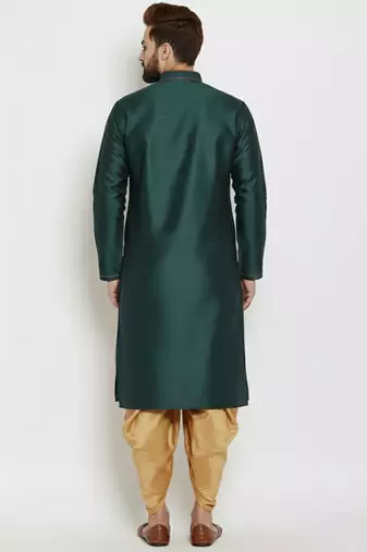 Bottle green embroidered dupion art silk kurta set