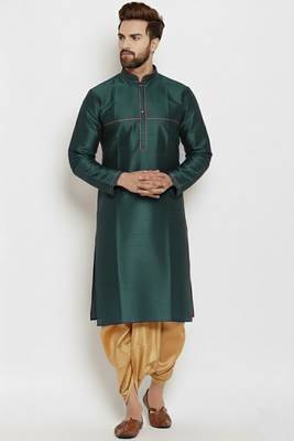 Bottle green embroidered dupion art silk kurta set 1