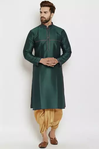Bottle green embroidered dupion art silk kurta set