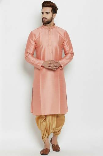 Peach embroidered dupion art silk kurta set