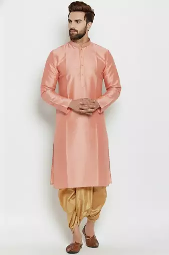 Peach embroidered dupion art silk kurta set