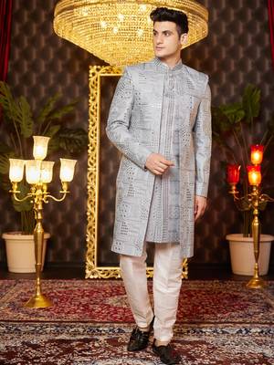 grey computer thread work on art silk attach indowestern for men  1