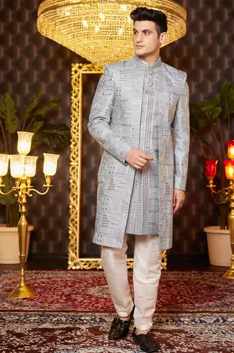 grey computer thread work on art silk attach indo for men 