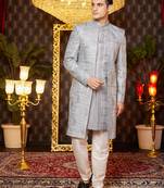 grey computer thread work on art silk attach indowestern for men 