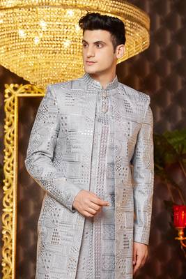grey computer thread work on art silk attach indowestern for men  2