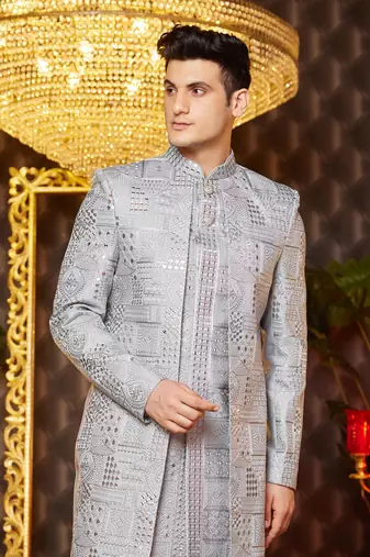 grey computer thread work on art silk attach indowestern for men 