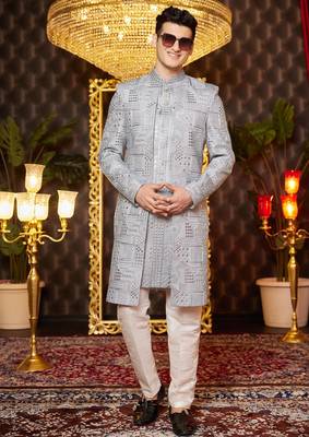 grey computer thread work on art silk attach indowestern for men  3