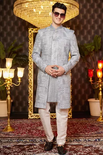 grey computer thread work on art silk attach indowestern for men 