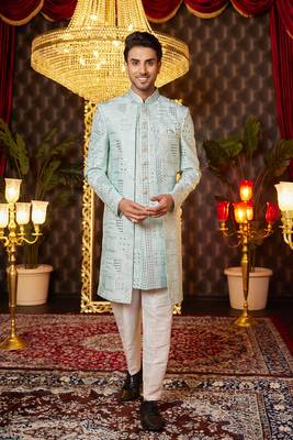 pista green computer thread work on art silk attach indowestern for men  1