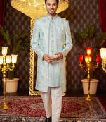 pista green computer thread work on art silk attach indowestern for men 