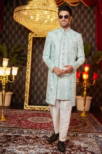 pista green computer thread work on art silk attach indowestern for men 