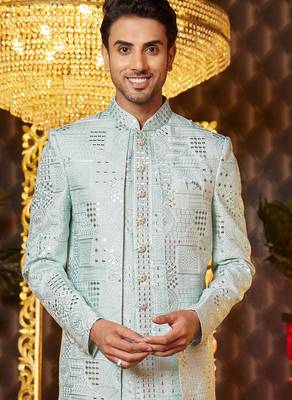 pista green computer thread work on art silk attach indowestern for men  3