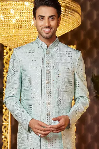 pista green computer thread work on art silk attach indowestern for men 