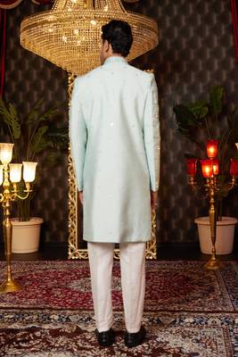 pista green computer thread work on art silk attach indowestern for men  4