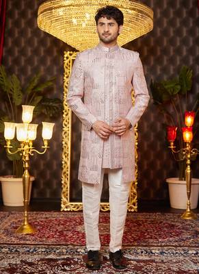 onion pink computer thread work on art silk attach indowestern for men  1