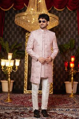 onion pink computer thread work on art silk attach indowestern for men  2