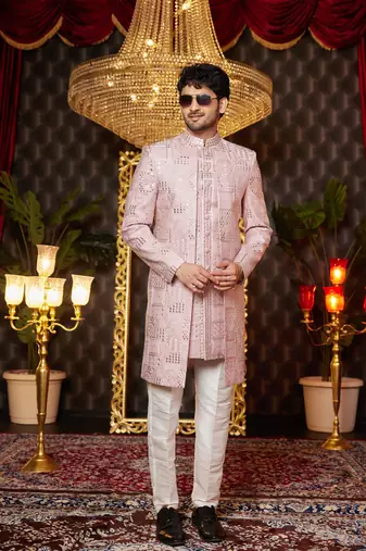 onion pink computer thread work on art silk attach indowestern for men 