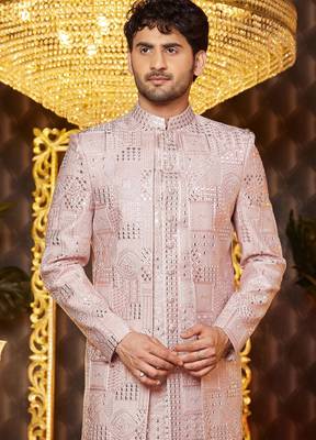 onion pink computer thread work on art silk attach indowestern for men  3