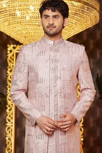 onion pink computer thread work on art silk attach indowestern for men 