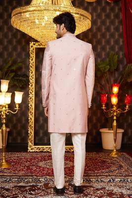 onion pink computer thread work on art silk attach indowestern for men  4